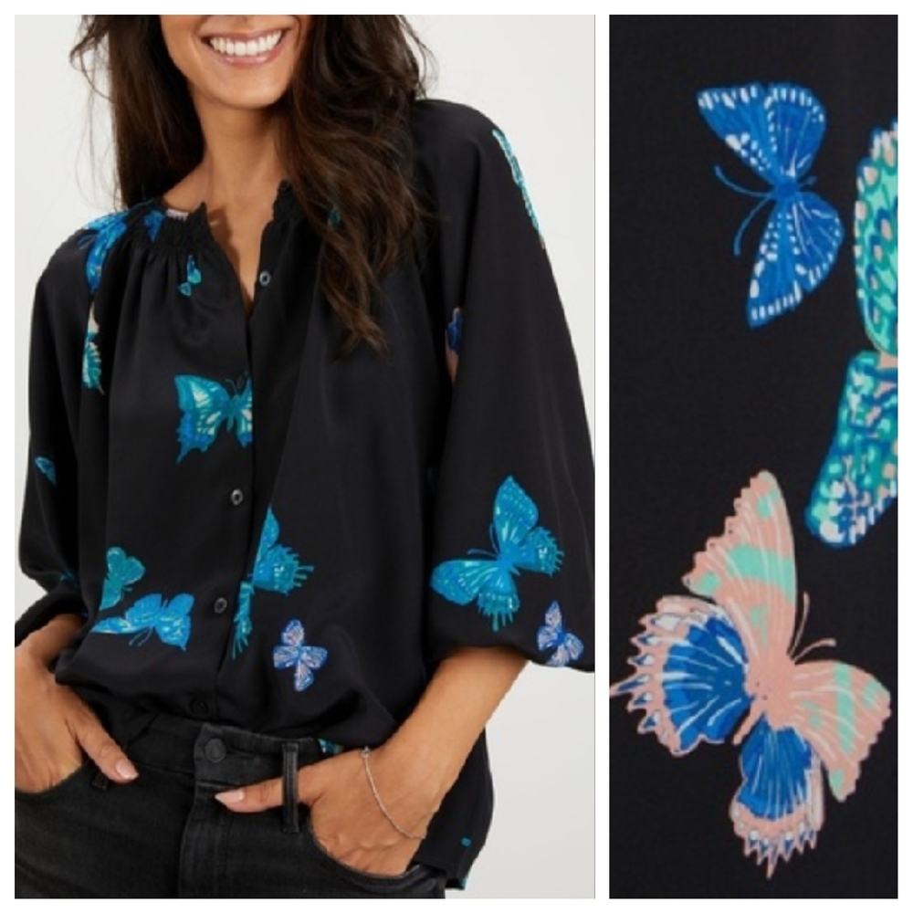 Tucker The Classic Fluttering Butterflies Women's Silk Blouse Top Shirt